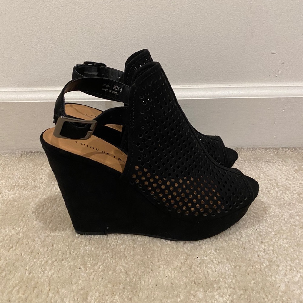 Chinese Laundry Black Suede Wedge Heels